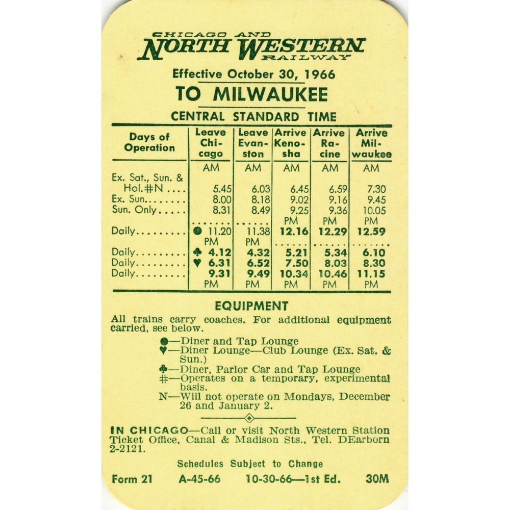 Vintage 1966 C&NW Railway Timetable Milwaukee Chicago Racine Kenosha - Picture 2 of 2